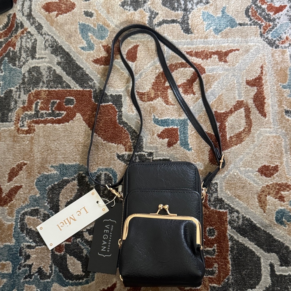 Le Miel Black Vegan Leather Crossbody Bag - Picture 1 of 8